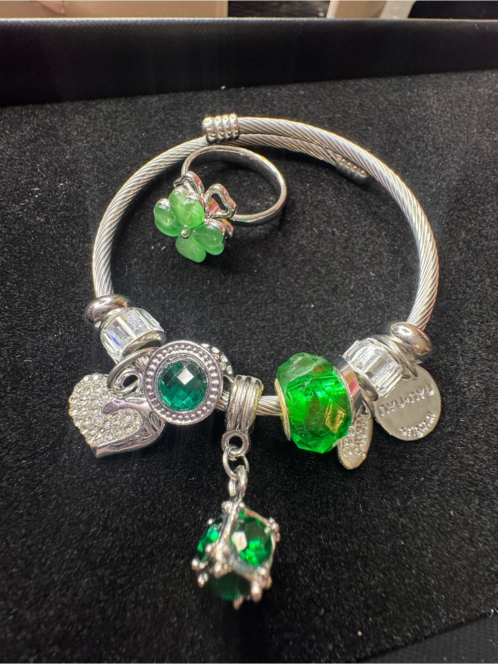 Silver Bracelet with Green Crystal Charms